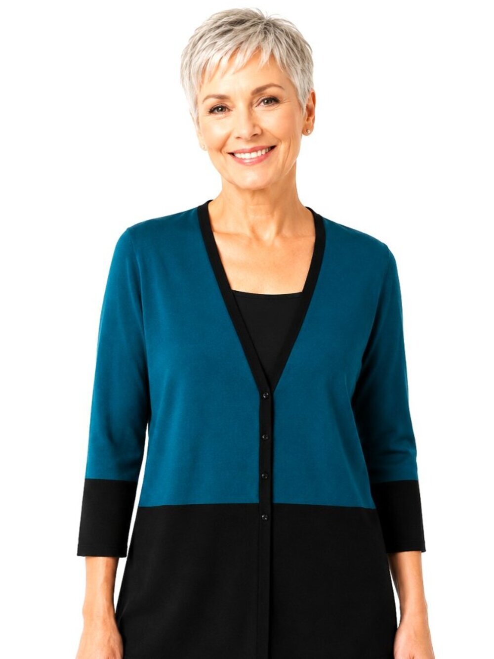 Misook Petite Teal Blue Black Knit Cardigan